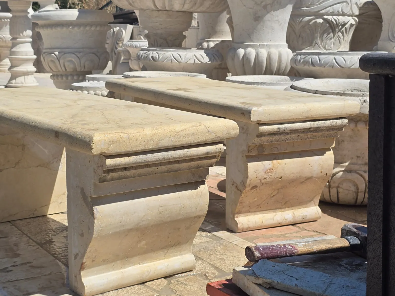 Solid stone bench in a Mediterranean garden