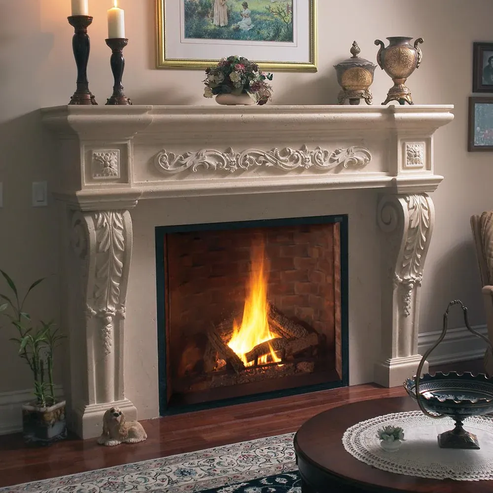 Carved stone fireplace surround in a living room
