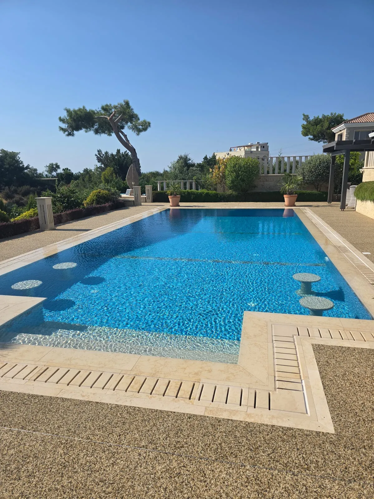 Natural stone pool patio with a patterned border